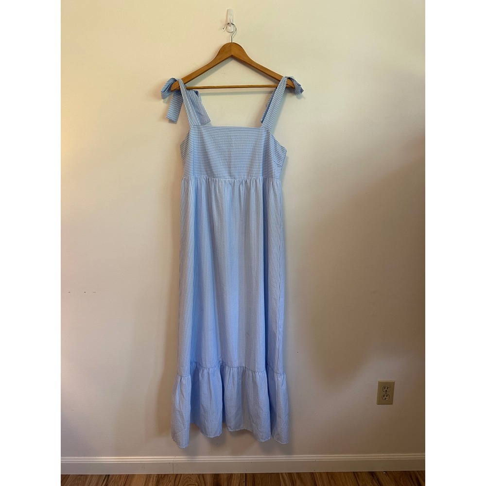 THML Blue and White Striped Tie Shoulder Smocked Maxi Dress | Size Large